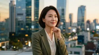 A confident woman touching her jawline, representing the anti-aging benefits of a mini lift in South Korea.