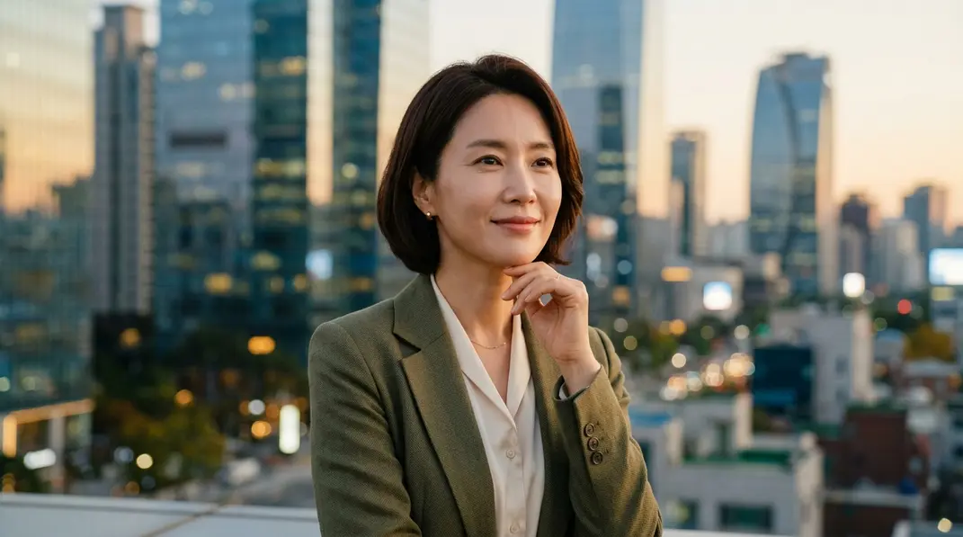 A confident woman touching her jawline, representing the anti-aging benefits of a mini lift in South Korea.
