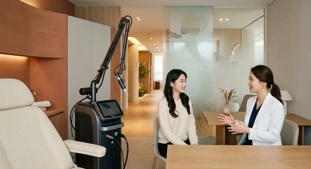 A modern dermatology clinic featuring a state-of-the-art fractional CO2 laser machine.