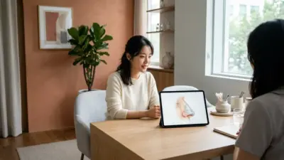 A modern medical consultation room displaying an anatomical chart of the nose on a bright tablet.