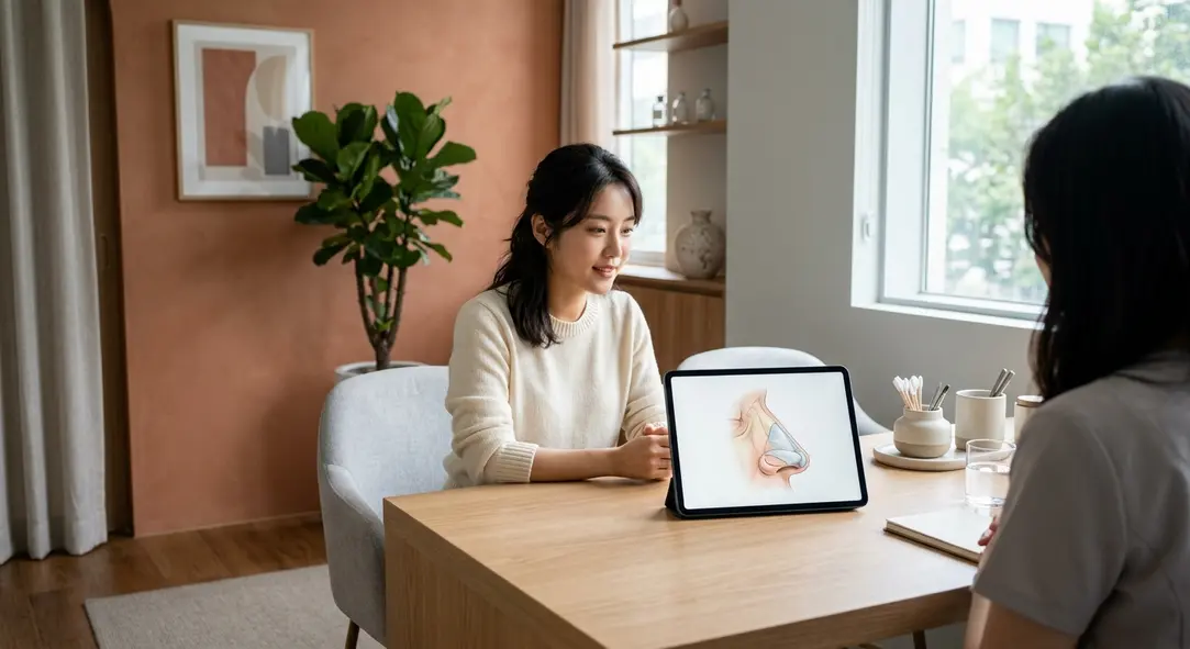 A modern medical consultation room displaying an anatomical chart of the nose on a bright tablet.