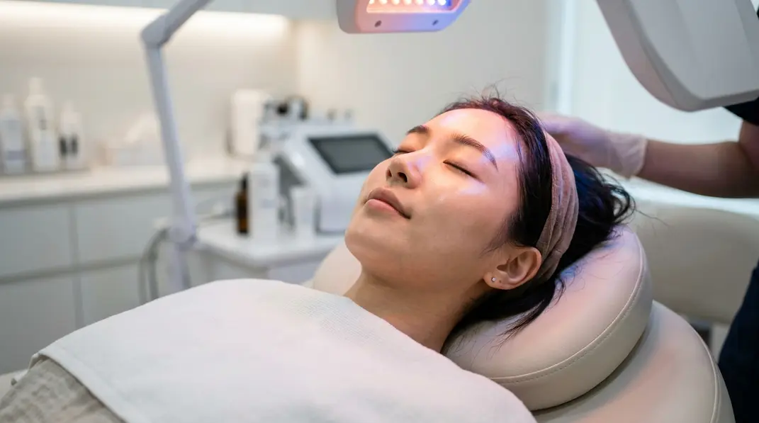A woman's face illuminated by soft warm terracotta and blue light, representing PDT skincare therapy.