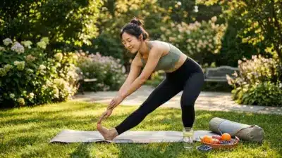 A person stretching outdoors in the morning sunlight, representing physical wellness and body tuning.