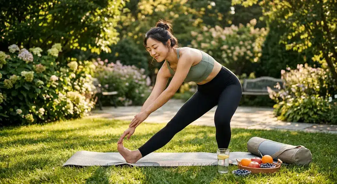 A person stretching outdoors in the morning sunlight, representing physical wellness and body tuning.