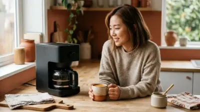 A modern microwave coffee maker sitting next to an elegant cup of fresh espresso.