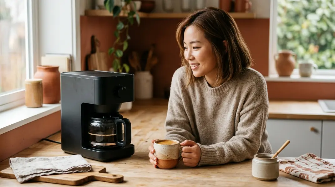 A modern microwave coffee maker sitting next to an elegant cup of fresh espresso.