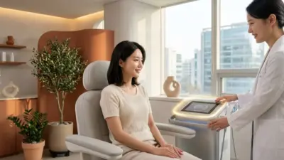 A luxurious, modern dermatology clinic interior in Seoul, South Korea.
