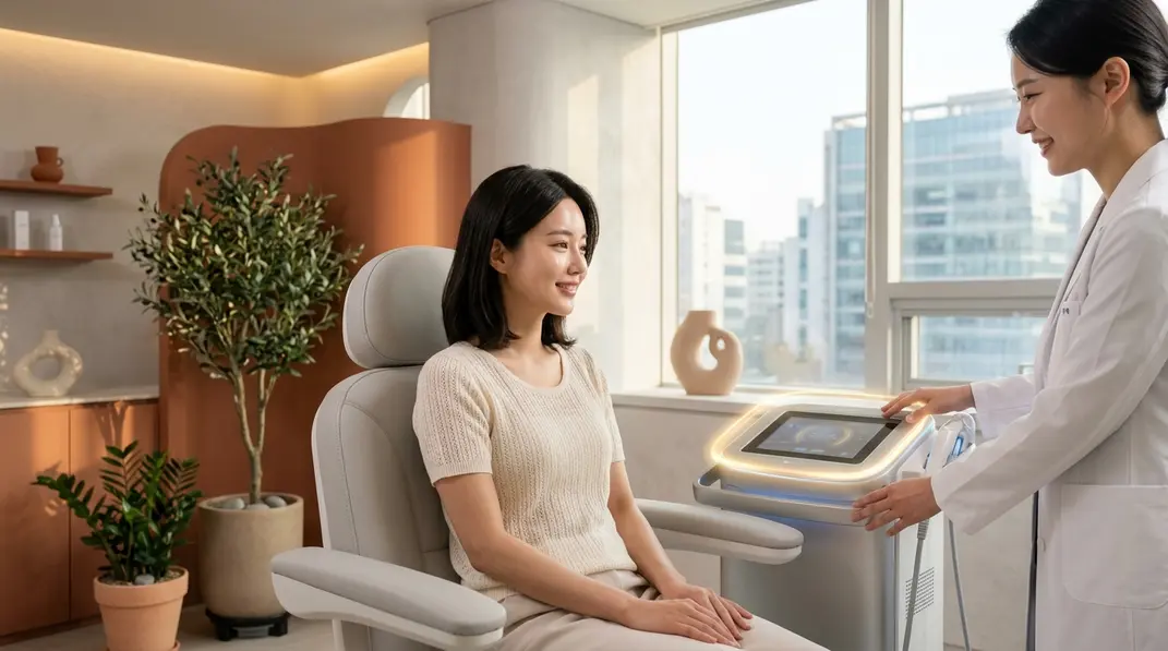 A luxurious, modern dermatology clinic interior in Seoul, South Korea.