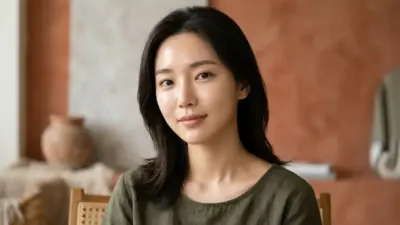 A hyper-realistic beauty portrait of a woman with glowing, poreless skin against a terracotta background.