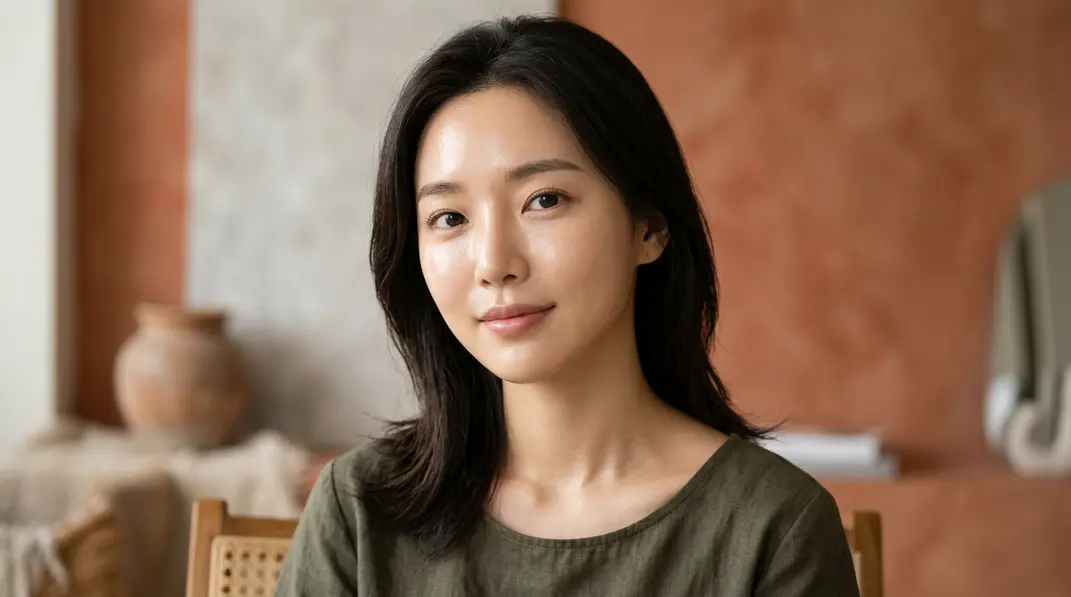 A hyper-realistic beauty portrait of a woman with glowing, poreless skin against a terracotta background.
