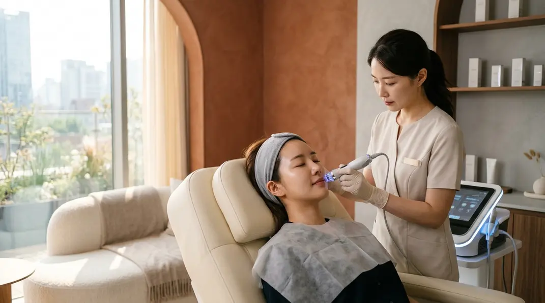 A high-tech Potenza microneedling device used in a luxury dermatology clinic.