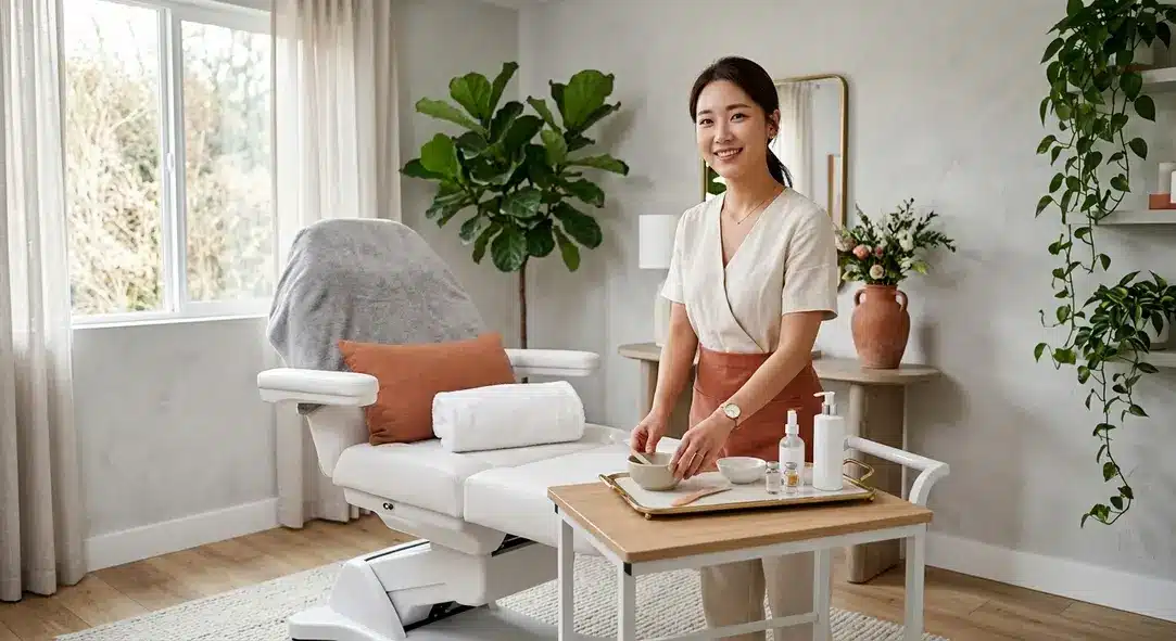A clean, beautifully lit medical spa treatment room with an inviting aesthetic and warm terracotta accents.