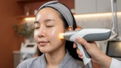 A sleek aesthetic laser device next to glowing, flawless skin in a professional clinic setting.