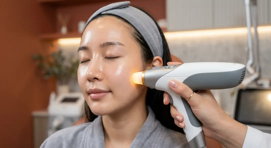 A sleek aesthetic laser device next to glowing, flawless skin in a professional clinic setting.