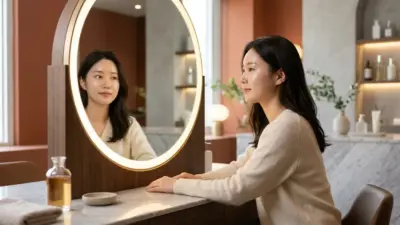 A beautiful woman looking in a mirror with glowing, hydrated skin
