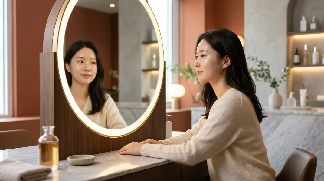 A beautiful woman looking in a mirror with glowing, hydrated skin