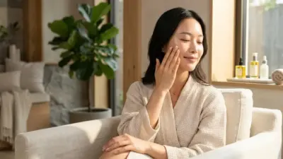 A woman touching her deeply hydrated and glowing cheek after a skincare treatment.