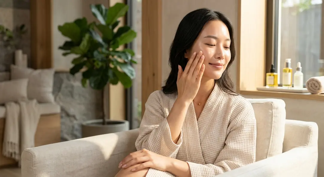 A woman touching her deeply hydrated and glowing cheek after a skincare treatment.