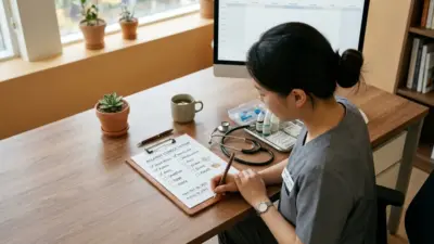 A professional top-down view of a modern desk with a stethoscope and an allergy testing kit.