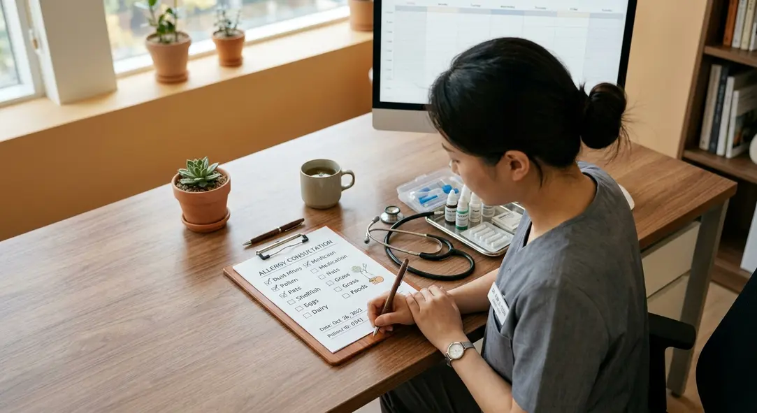 A professional top-down view of a modern desk with a stethoscope and an allergy testing kit.