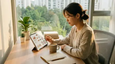 A modern desk with a tablet displaying productivity charts in warm terracotta tones