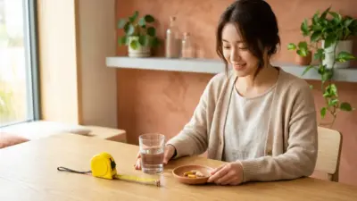 A wooden table featuring a tape measure, a glass of water, and dietary supplement capsules.