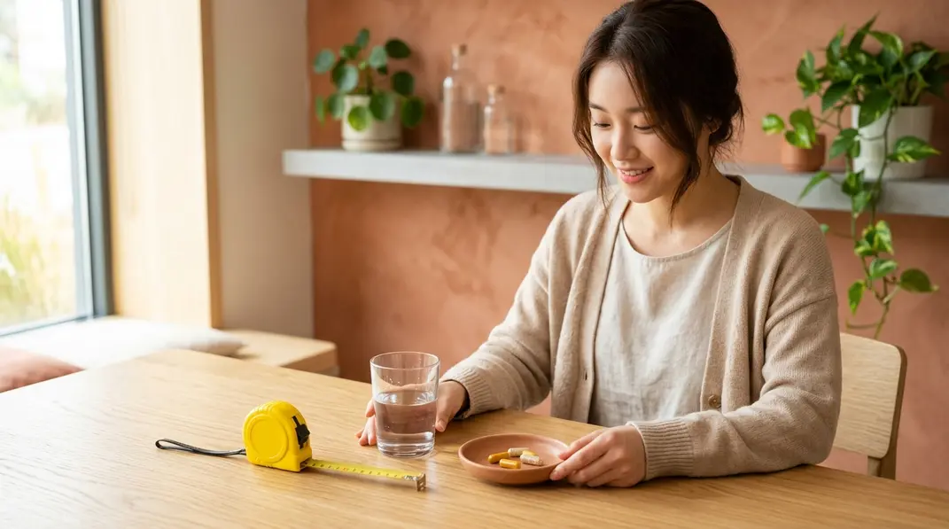 A wooden table featuring a tape measure, a glass of water, and dietary supplement capsules.