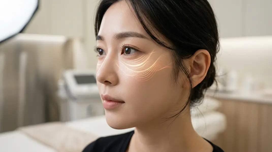 A split visual showing the delicate skin around the human eye and a subtle glowing technology motif representing ultrasound lifting.