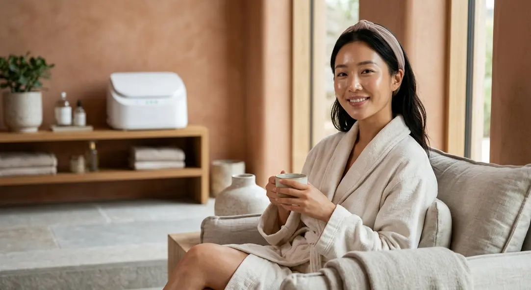 Woman with glowing skin in a relaxing spa setting
