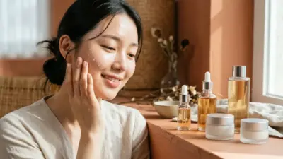 Elegant Korean skincare products surrounded by water droplets and glowing skin representations