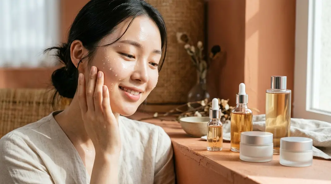 Elegant Korean skincare products surrounded by water droplets and glowing skin representations