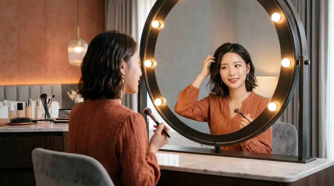 A confident young woman looking into a vanity mirror with a glowing, flawless K-pop idol aesthetic.