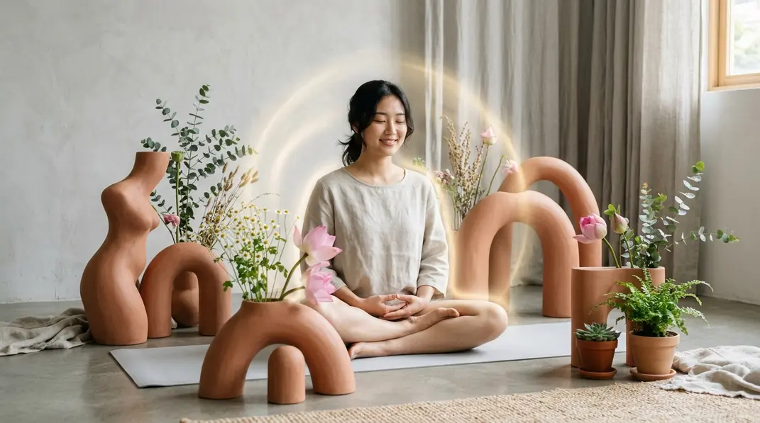 A beautiful, soothing visual representation of feminine intimate wellness, featuring soft botanical elements and a terracotta color palette.