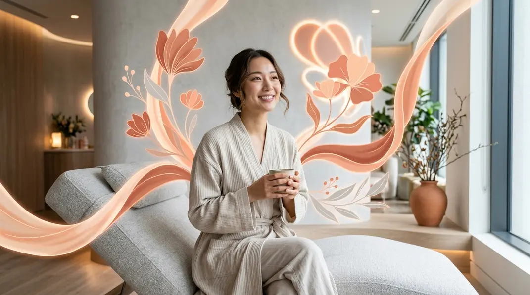 An elegant visualization of women's wellness in warm terracotta and soft gray tones.
