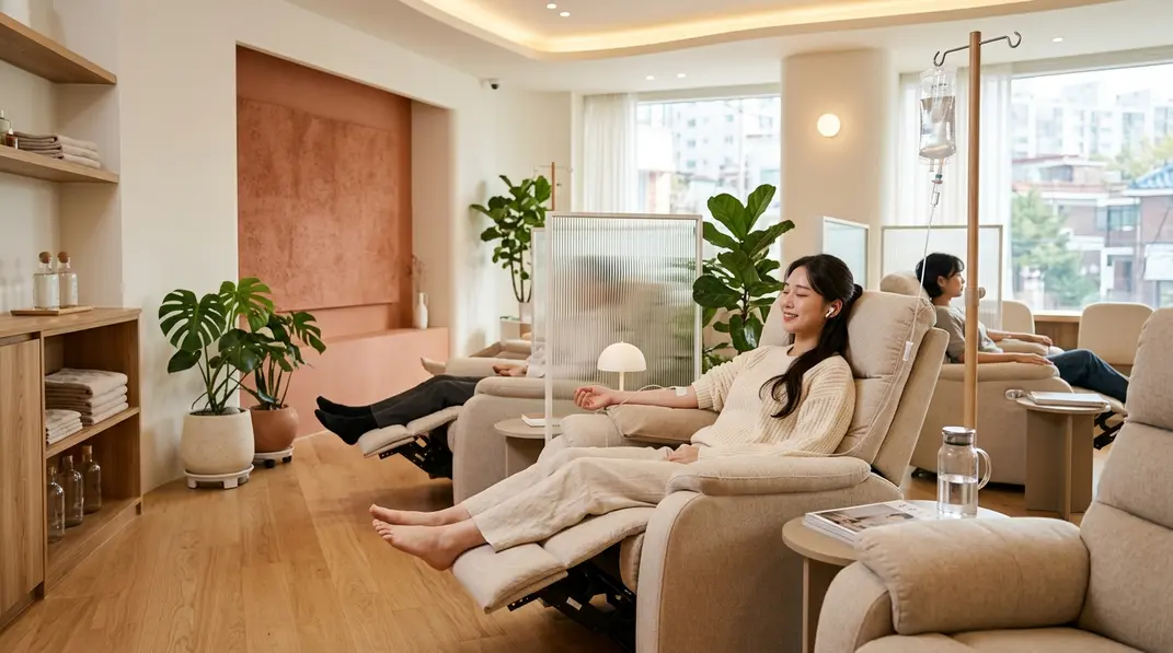 A modern, relaxing IV vitamin drip room in a luxury Korean dermatology clinic.