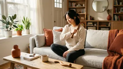 A sleek curved massage cane resting on a wooden coffee table in a modern living room.