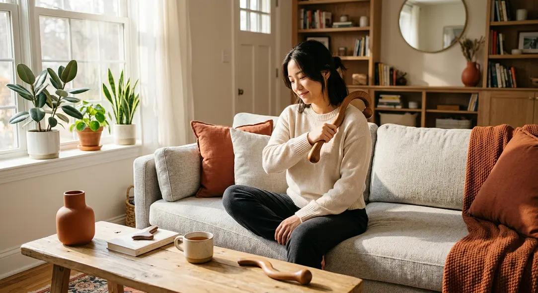 A sleek curved massage cane resting on a wooden coffee table in a modern living room.