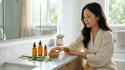 Aesthetically pleasing bathroom counter featuring amber glass bottles of hair serum, a bamboo scalp massager, and fresh aloe vera leaves.