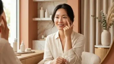 A confident woman gently touching her flawless under-eye area, representing the results of under-eye injections.