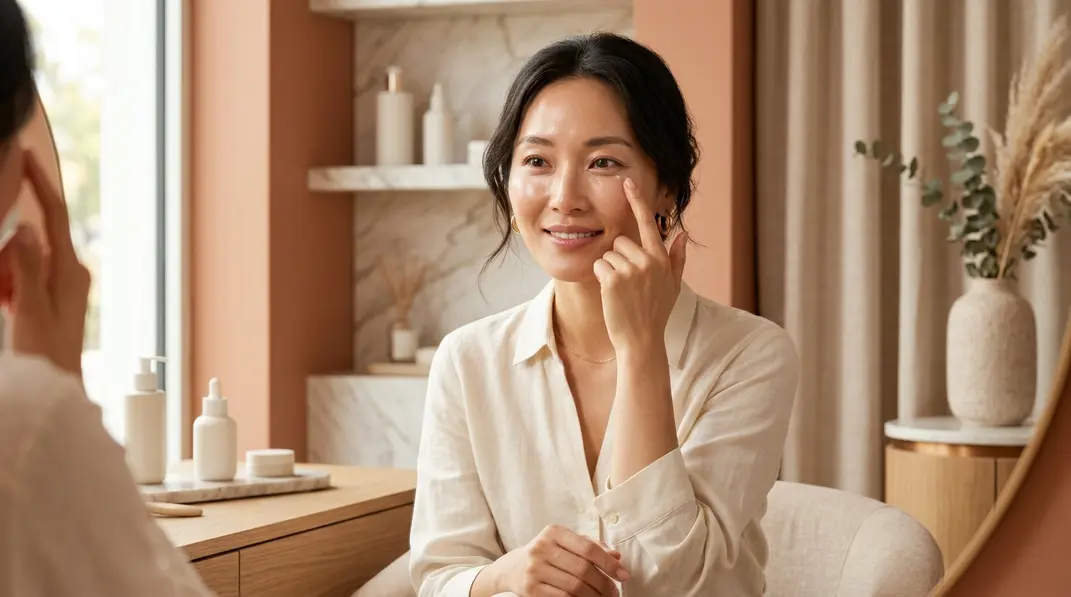 A confident woman gently touching her flawless under-eye area, representing the results of under-eye injections.
