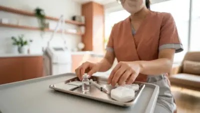 A pristine medical setting showing a vial and syringe used for body fat extraction injections.