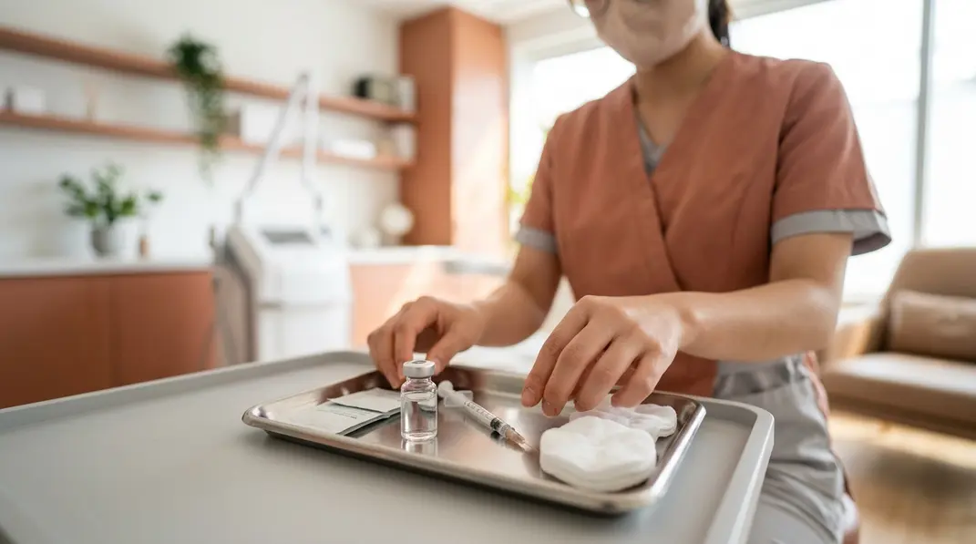 A pristine medical setting showing a vial and syringe used for body fat extraction injections.