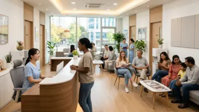 A welcoming, modern medical clinic waiting room in Seoul with international patients