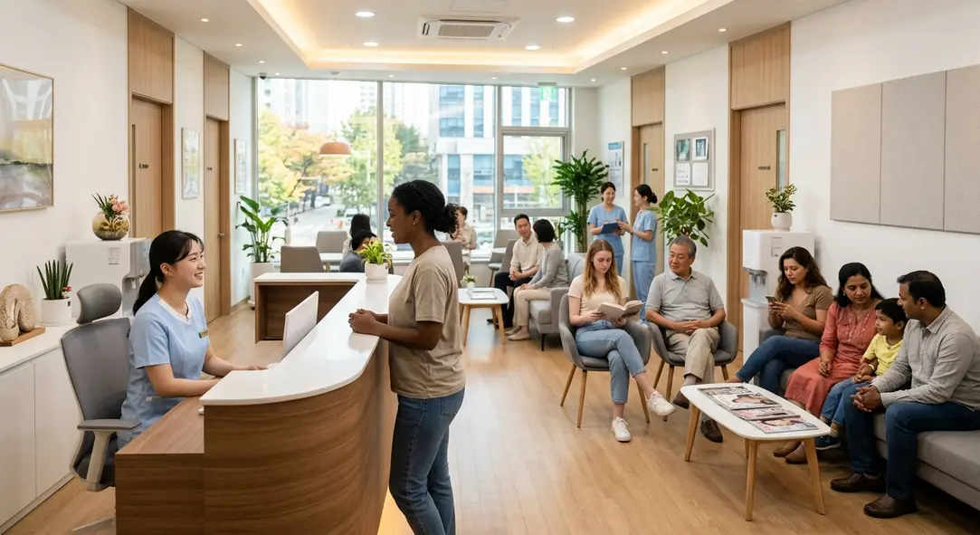 A welcoming, modern medical clinic waiting room in Seoul with international patients