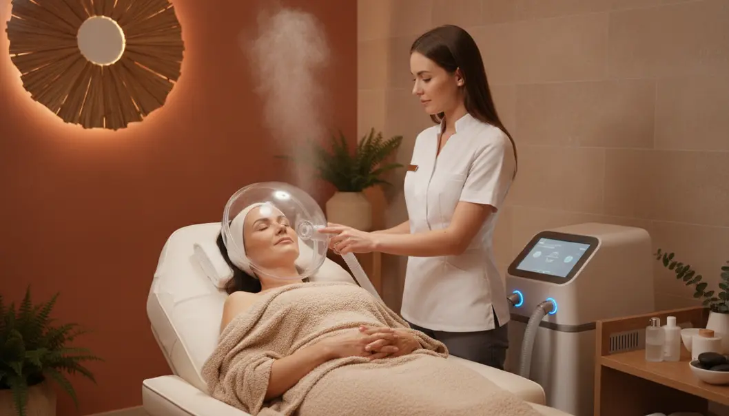 During the procedure, a clear dome gently delivers concentrated oxygen and anions to the skin for ultimate relaxation.