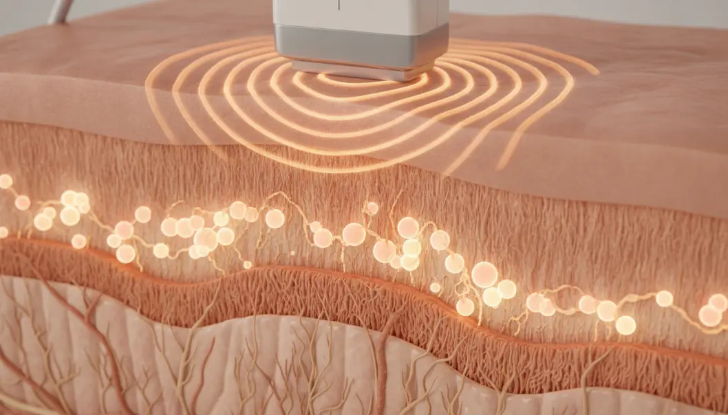 Shurink uses focused ultrasound energy to target deep skin layers and stimulate collagen production.