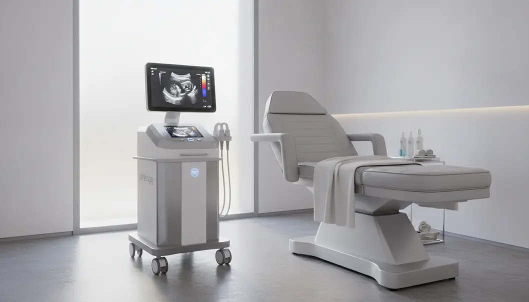 The modern aesthetic clinic setting highlighting advanced ultrasound technology.