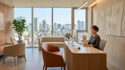 A luxurious and modern reception area of a plastic surgery clinic in Gangnam, Seoul