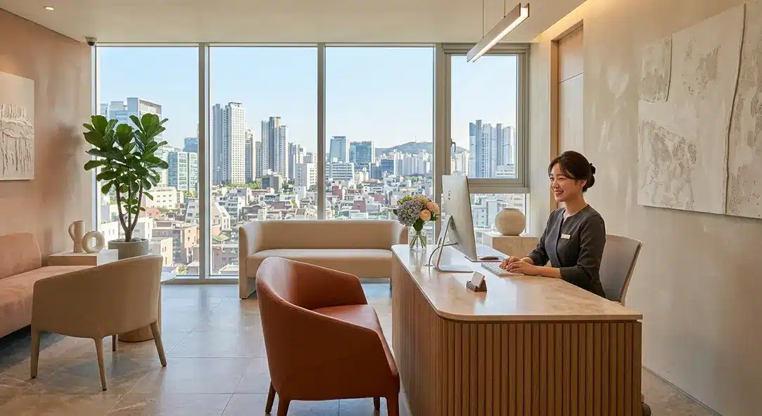 A luxurious and modern reception area of a plastic surgery clinic in Gangnam, Seoul