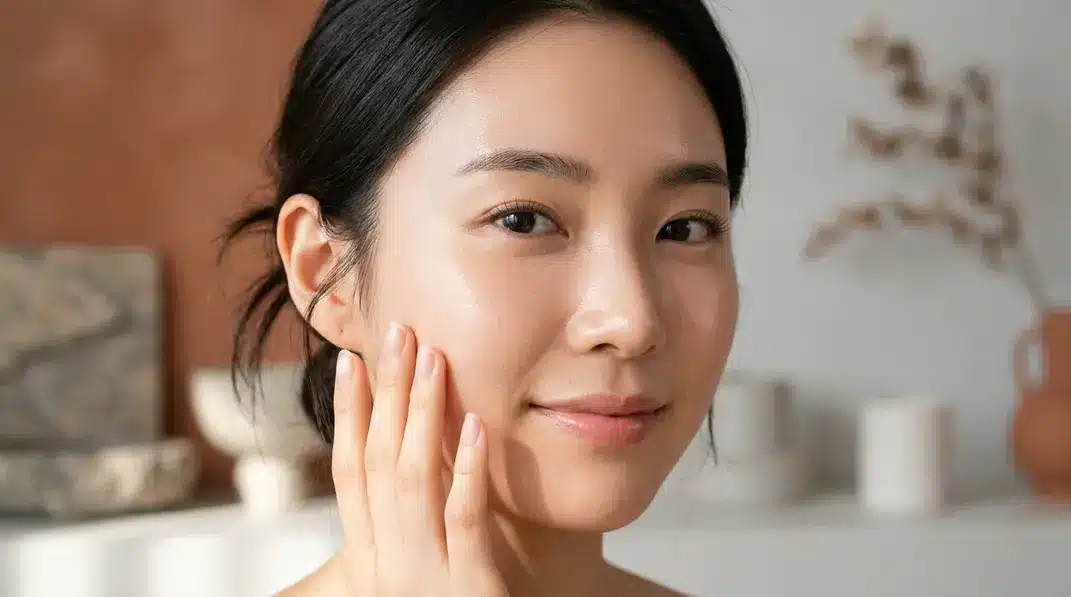 A close-up of a woman's face showing perfectly hydrated and dewy skin.